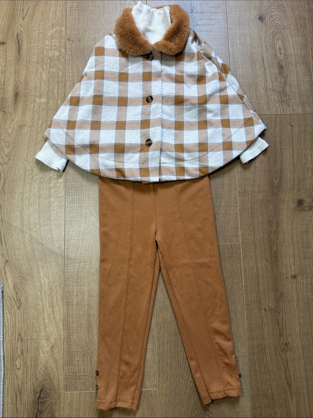 Plaid Cape with Faux Fur Collar, Rust Leggings Set, Tuttle neck shirt, & headban